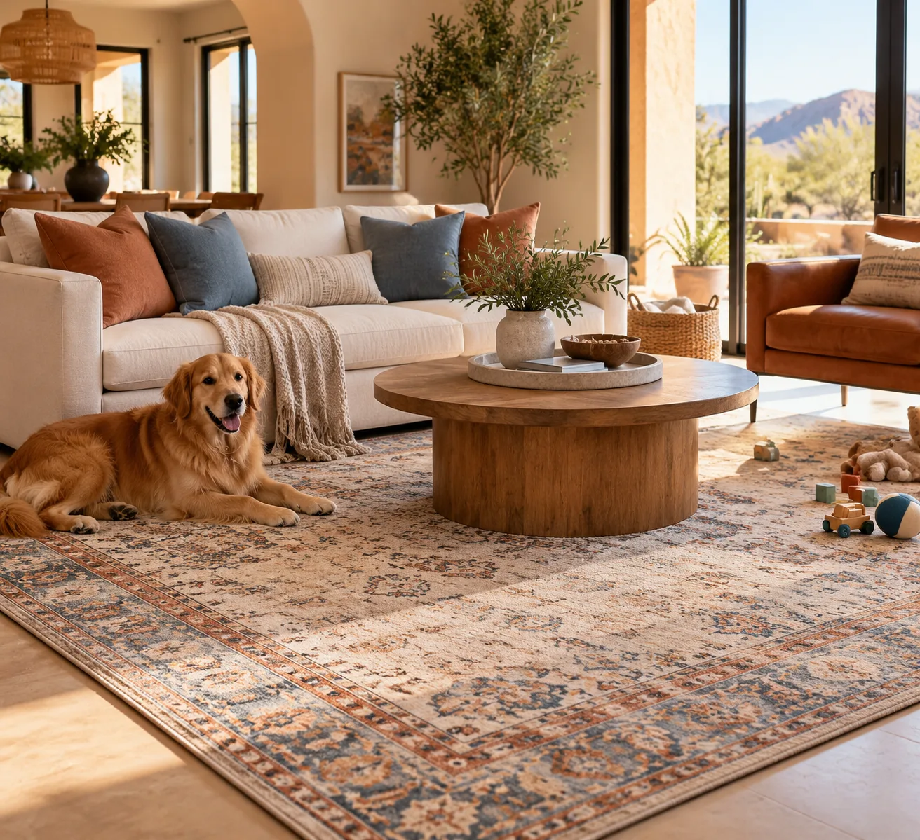 Patterned area rug in a sunlit family living room with a golden retriever, neutral sofa, and wooden coffee table.