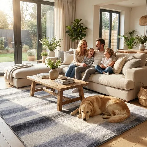 Patterned area rug in a family living room with a dog