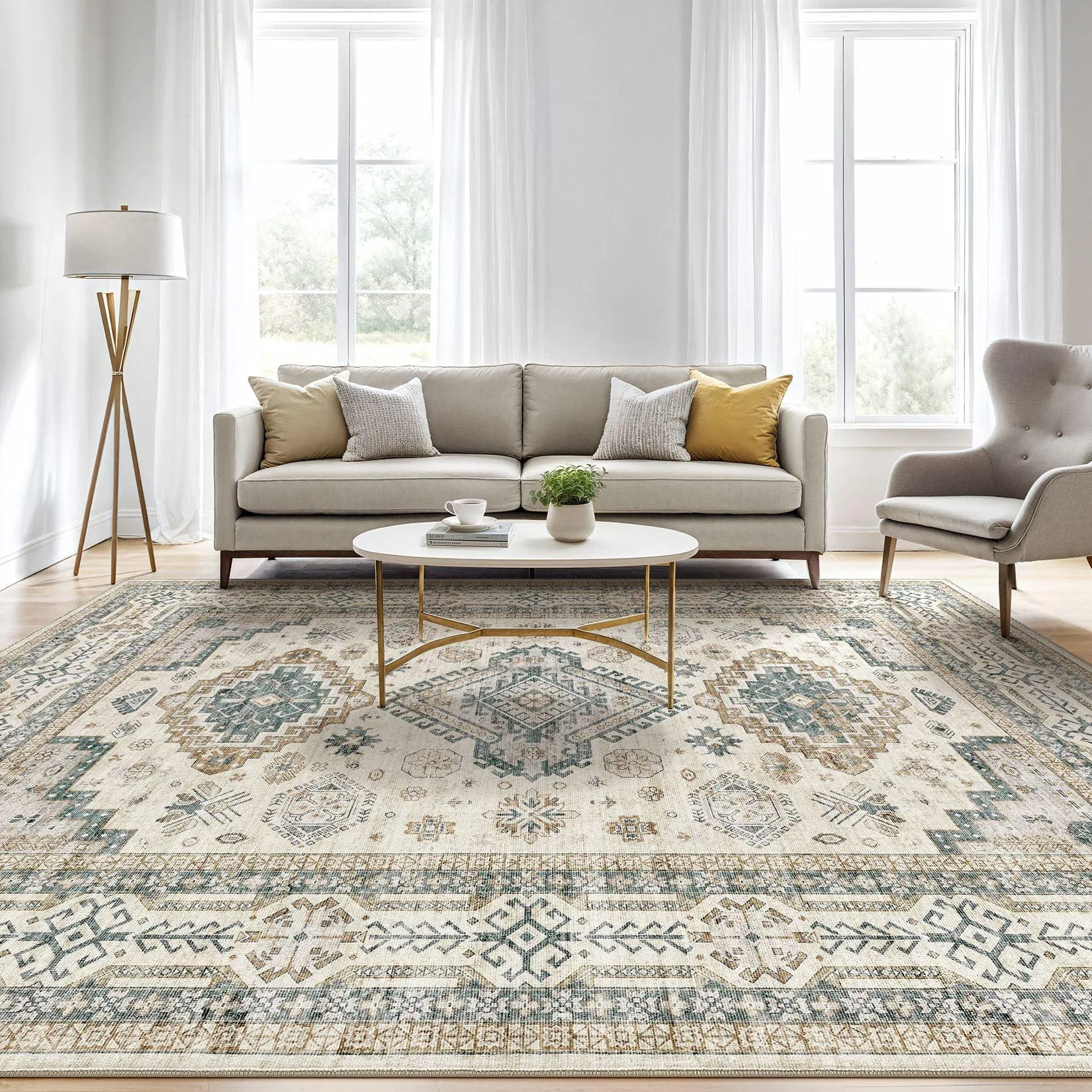Low-pile patterned area rug positioned beneath a sofa in a family living room